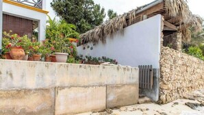 A coastal building with a thatched roof, a concrete wall with potted plants, and a stone wall. - Kasita di Mama (Kralendijk)