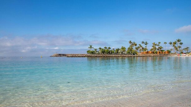 A clear turquoise sea with a sandy beach and a small island with palm trees and buildings. - Apartment in Gran Canaria Near Maspalomas Dunes (San Bartolomé de Tirajana)