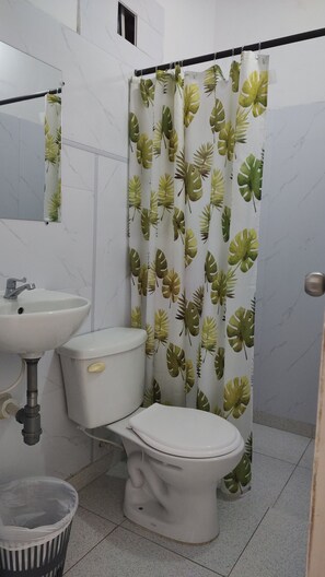 Douche, serviettes fournies, savon, papier toilette