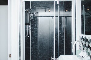 Shower, towels, toilet paper