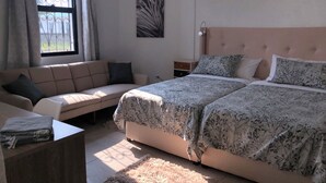 Ein Schlafzimmer mit einem Bett, einem Sofa, einem kleinen Tisch und einem Fenster mit Vorhängen.