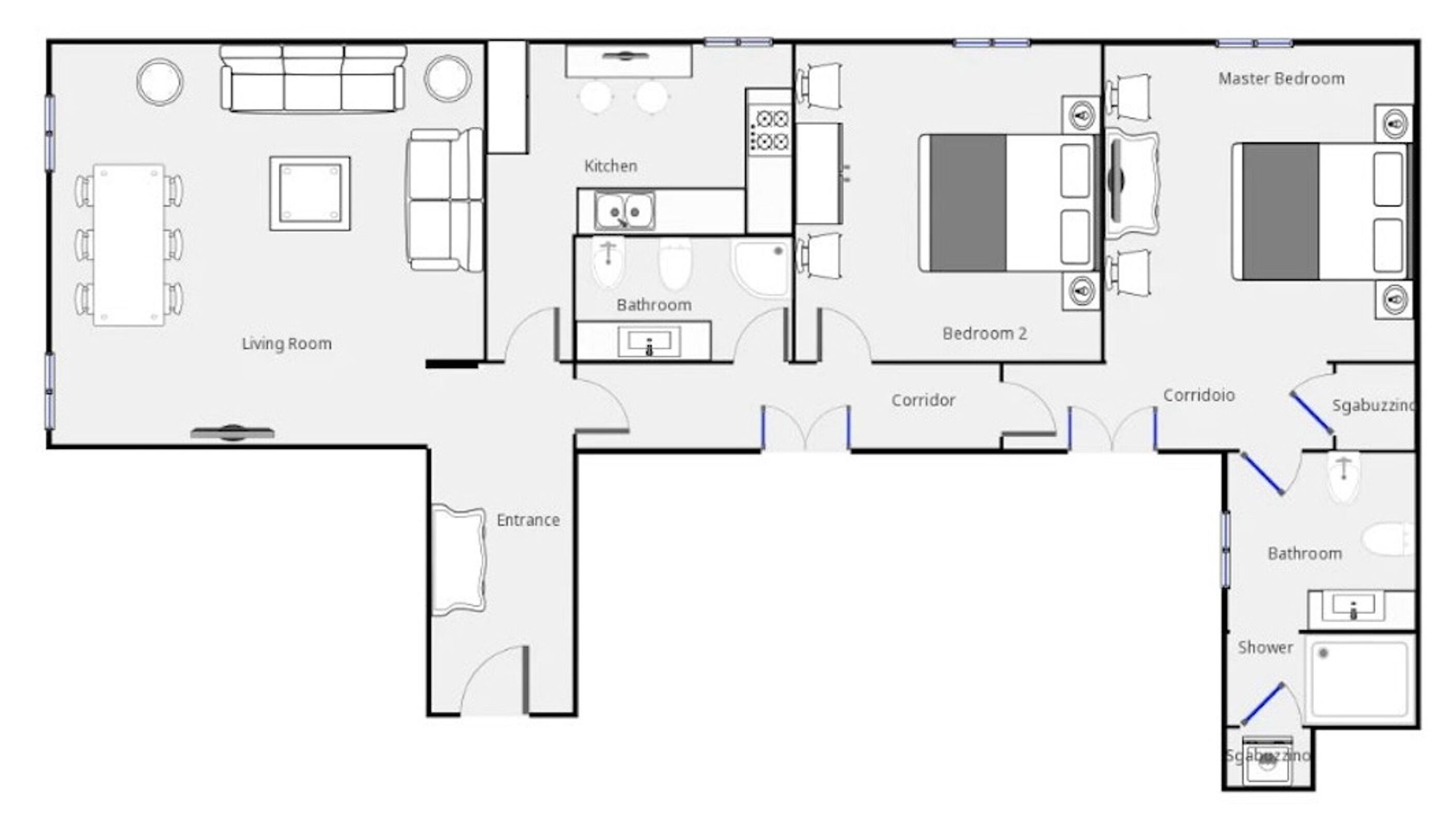 A floor plan with a living room, kitchen, two bedrooms, a master bedroom, a corridor, and two bathrooms.