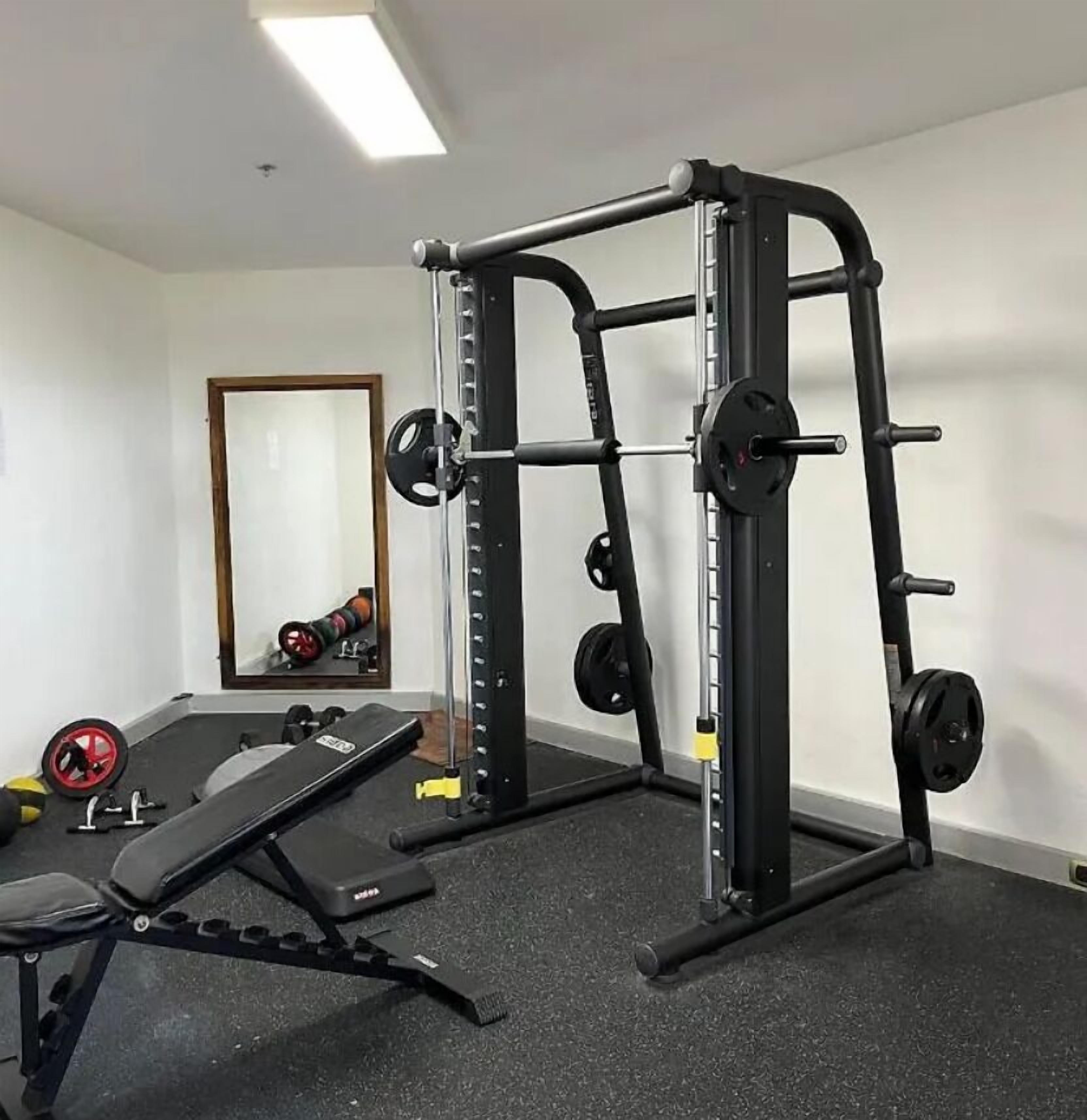 A gym with a squat rack, bench, and weights.