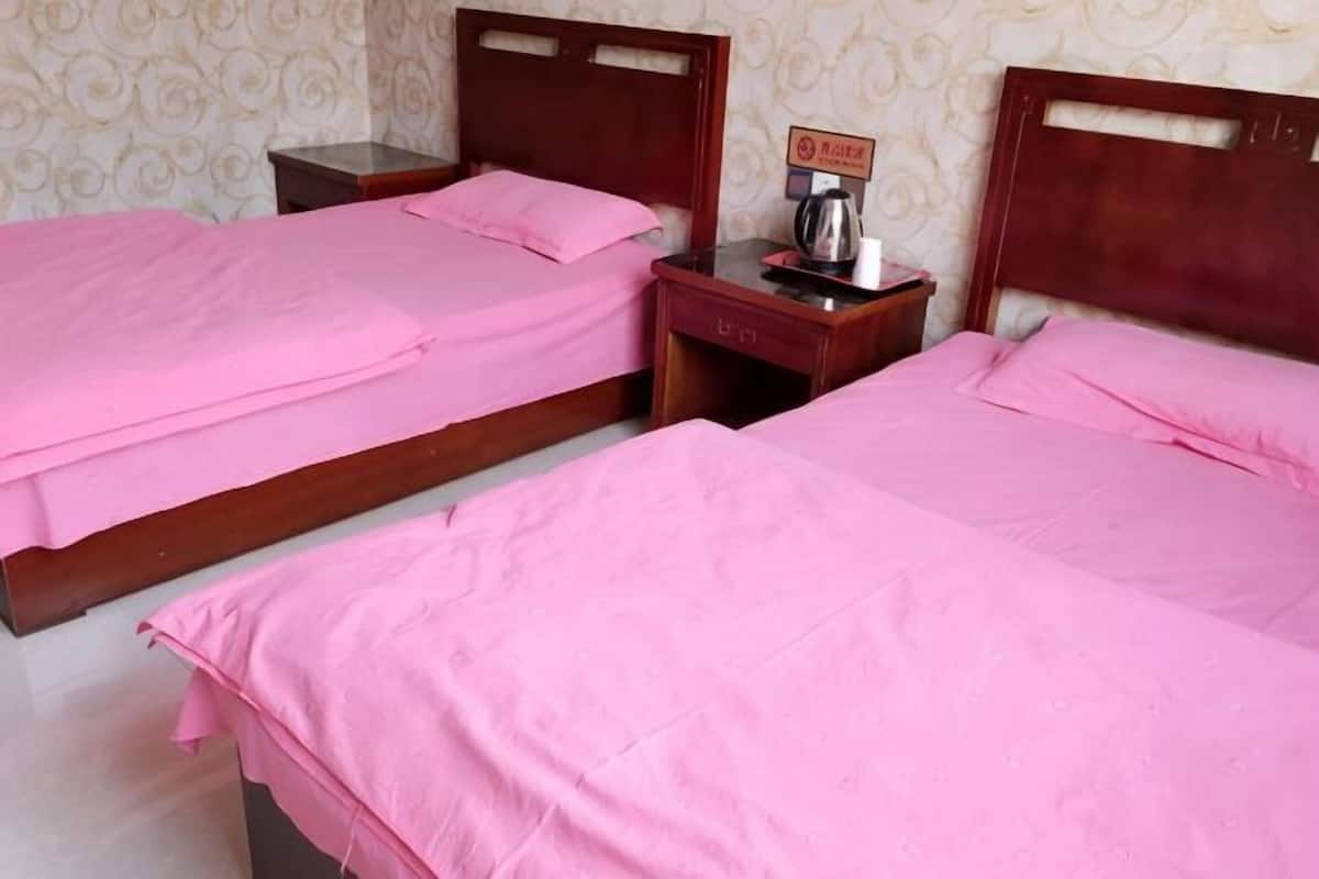 Deux lits simples avec une literie rose, des têtes de lit en bois, une table de chevet avec une bouilloire et une petite table avec un panneau.