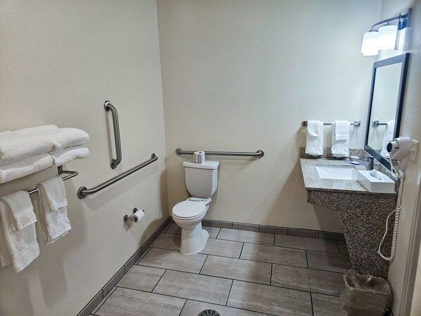 Un baño con inodoro, barras de apoyo, lavamanos y espejo.