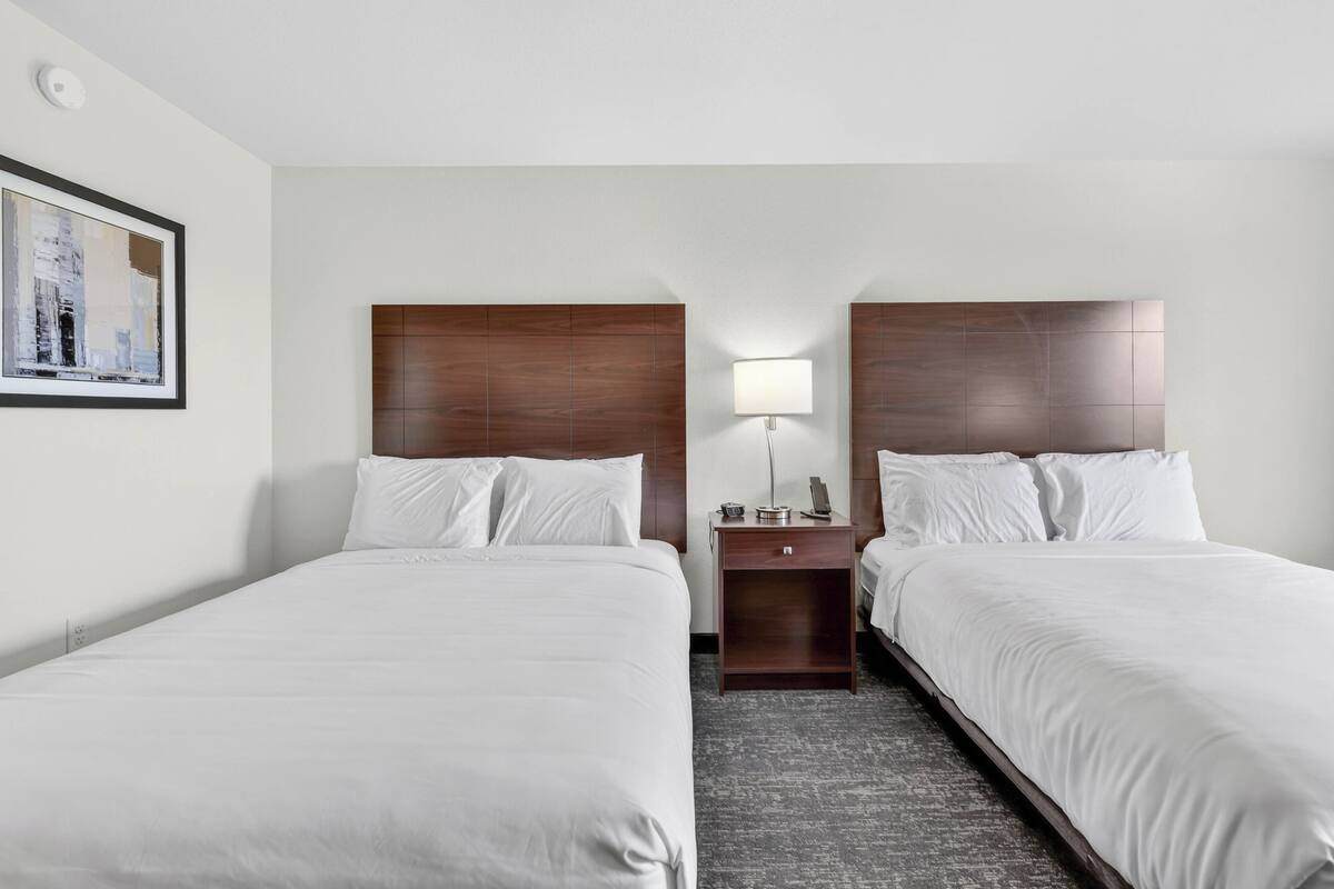 A hotel room with two beds, a nightstand with a lamp, a framed picture on the wall, and a carpeted floor.
