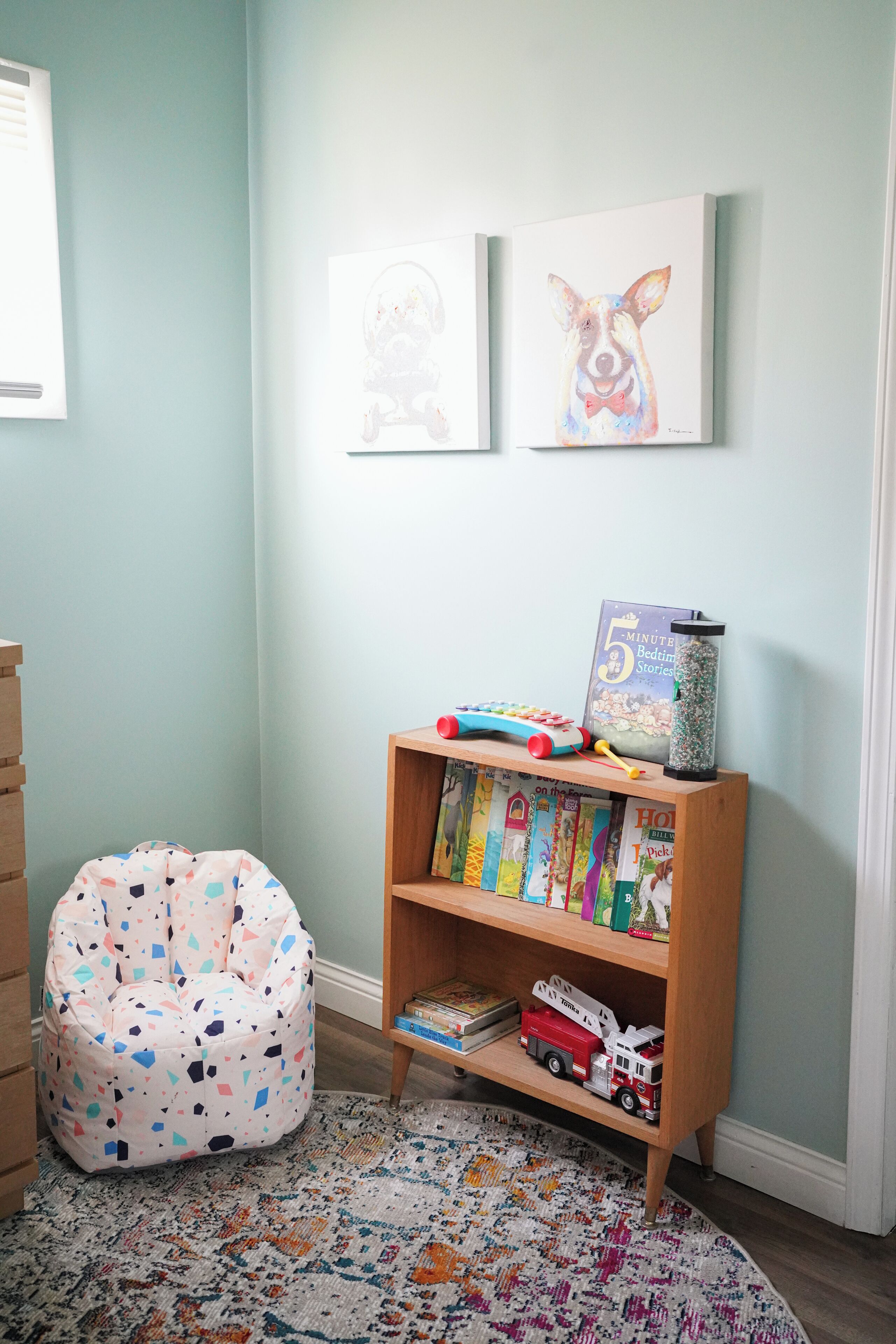 Une pièce avec une bibliothèque, un fauteuil en forme de poire et un tapis.