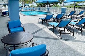 Outdoor pool, pool umbrellas, pool loungers