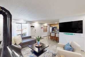 TV, fireplace, DVD player, video library