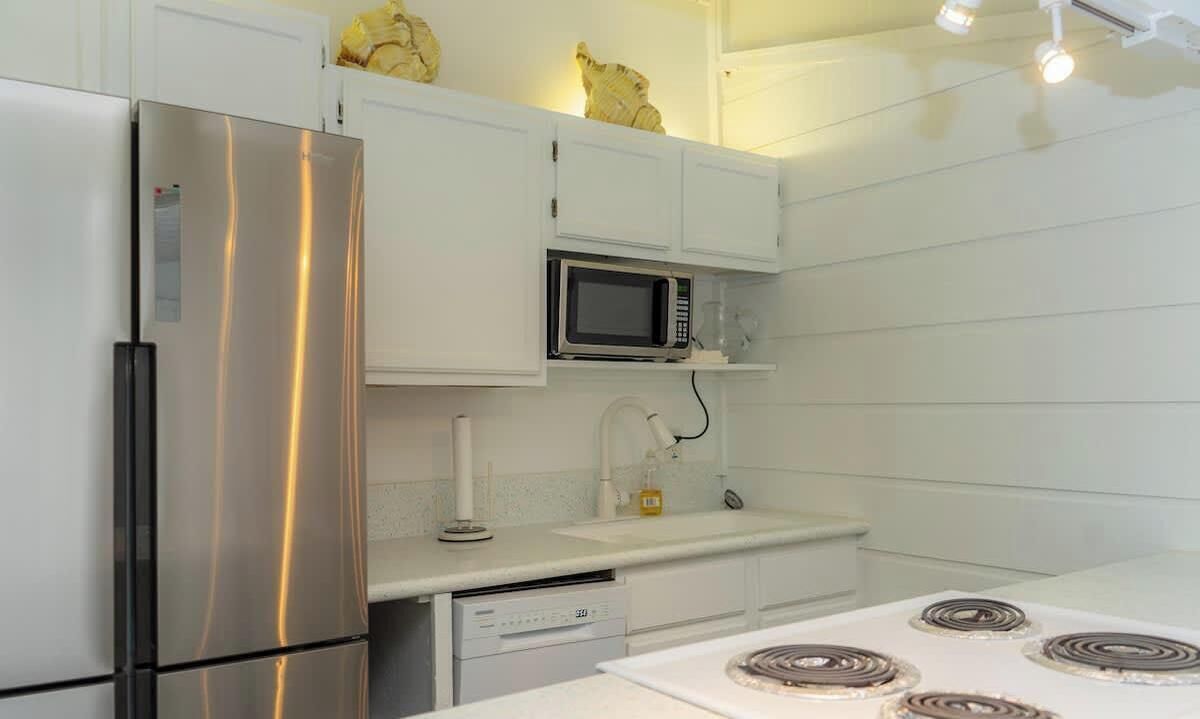 Frigorífico, microondas, horno y placa de cocina