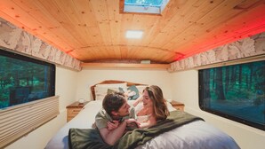 A bedroom with a bed, a window, and a skylight. - Madrone Hideout-Artist Bus Retreat at Azalea Grove Getaway (Douglas County)