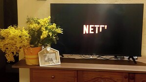 Un televisor de pantalla plana sobre un mueble de madera, con un ramo de flores amarillas y una foto enmarco.
