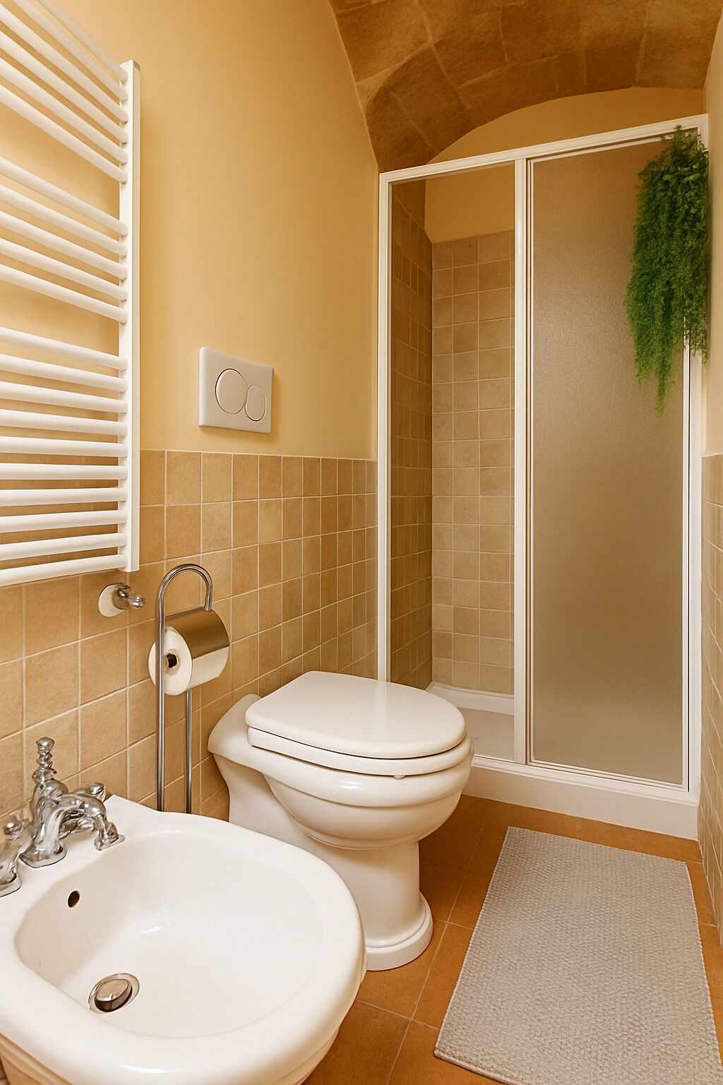 Un baño con inodoro, bidé, lavabo y zona de ducha con puerta de cristal.