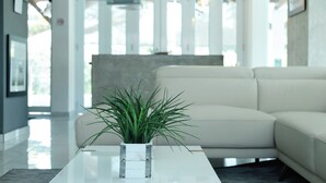 Una sala moderna con un sofá blanco, una mesa de centro de vidrio y una planta en maceta.