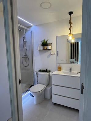 Shower, towels, toilet paper