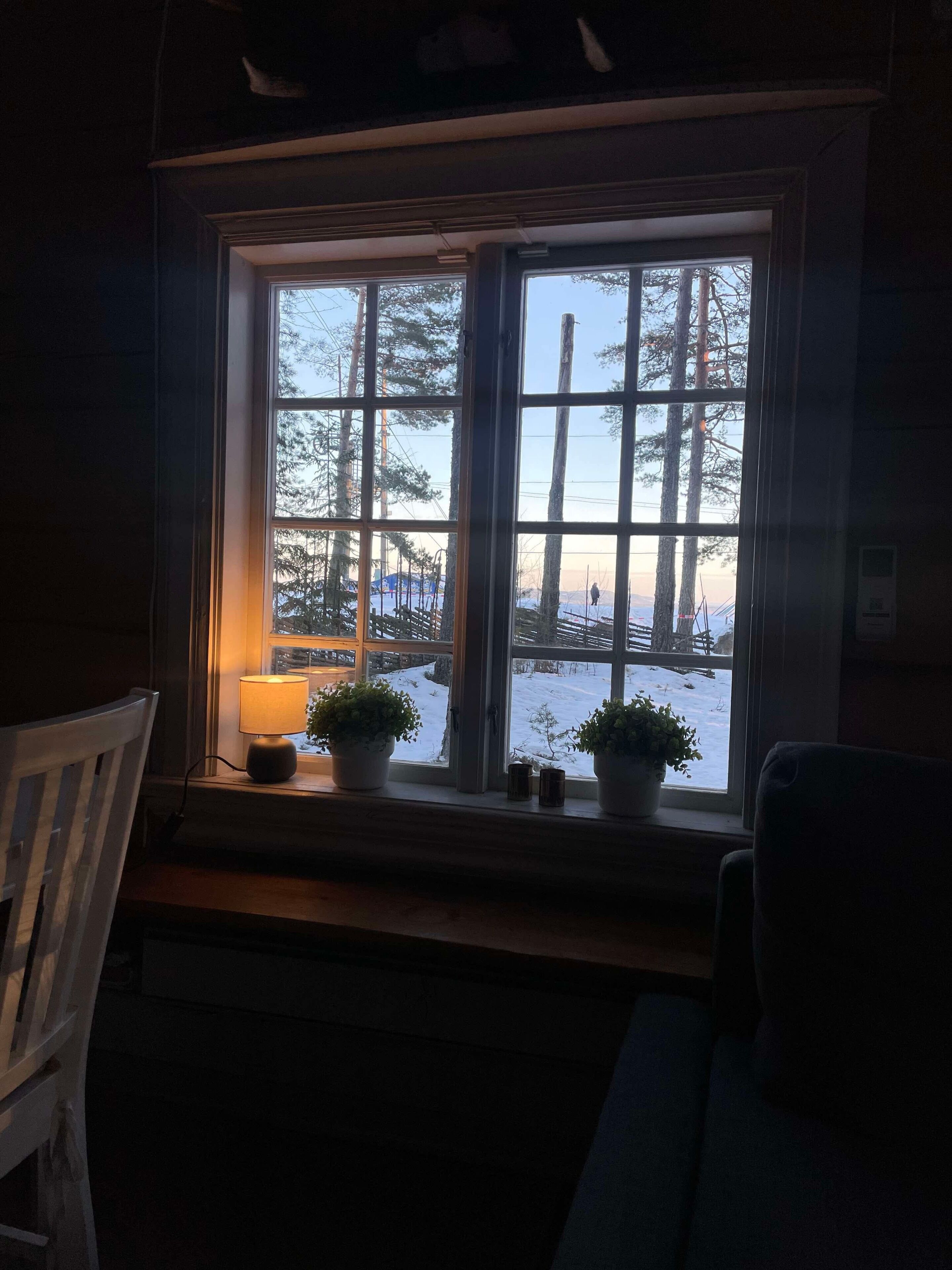 A room with a window overlooking a snowy landscape, a chair, and a table with a lamp and potted plants.