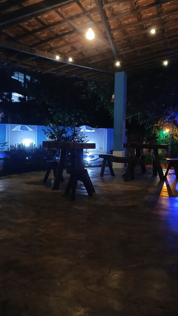 Outdoor pool, open 9:00 AM to 9:00 PM, pool umbrellas, pool loungers