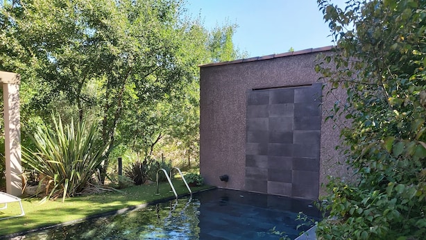 A swimming pool with clear water, surrounded by lush greenery and a stone wall.