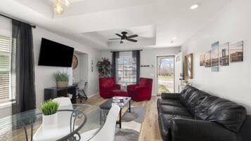 Smart TV, books, music library, stereo