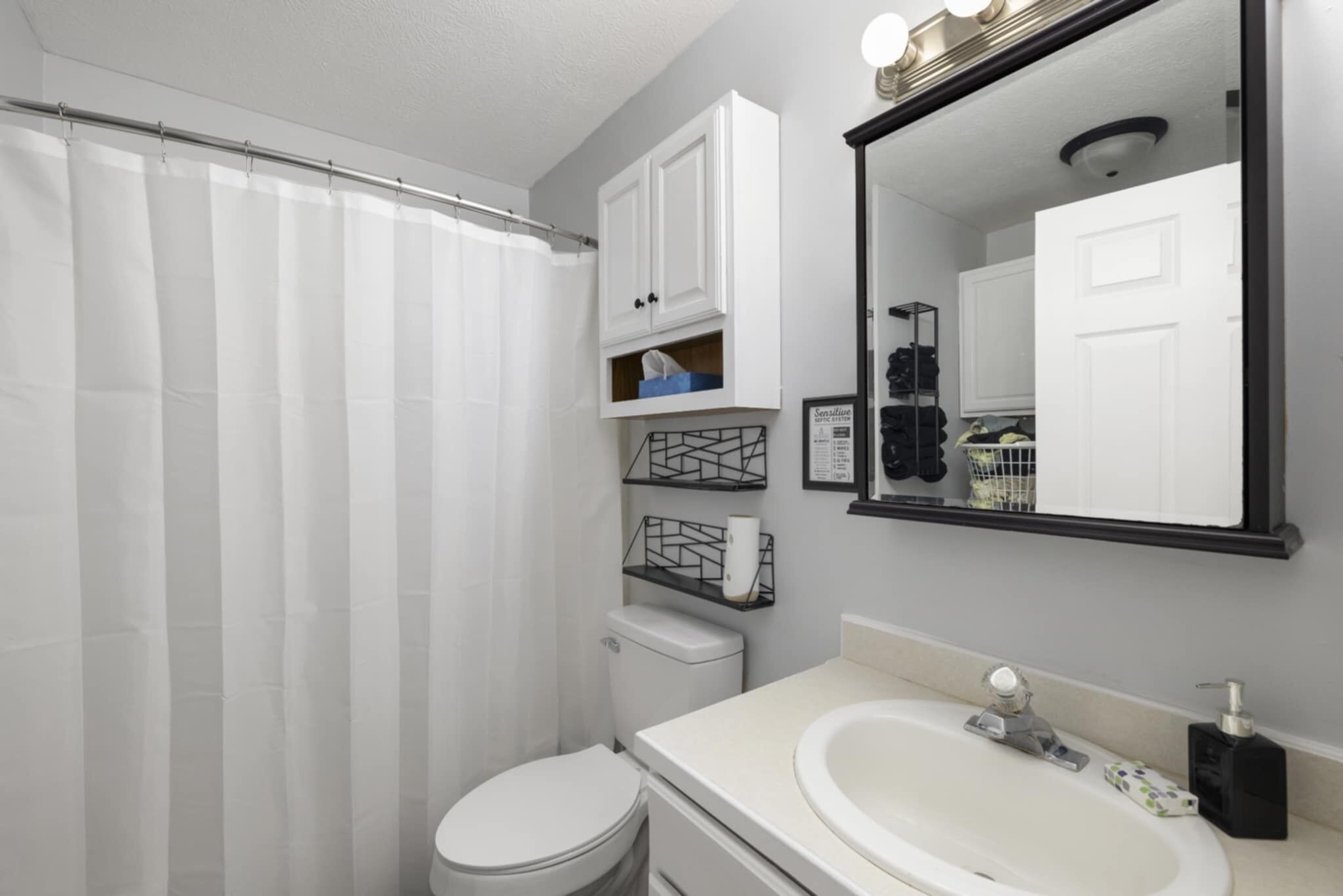 Hair dryer, towels, soap, shampoo