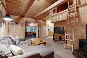 TV, fireplace, DVD player, books