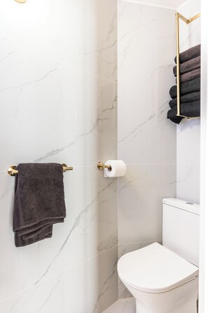 Shower, hair dryer, towels, soap
