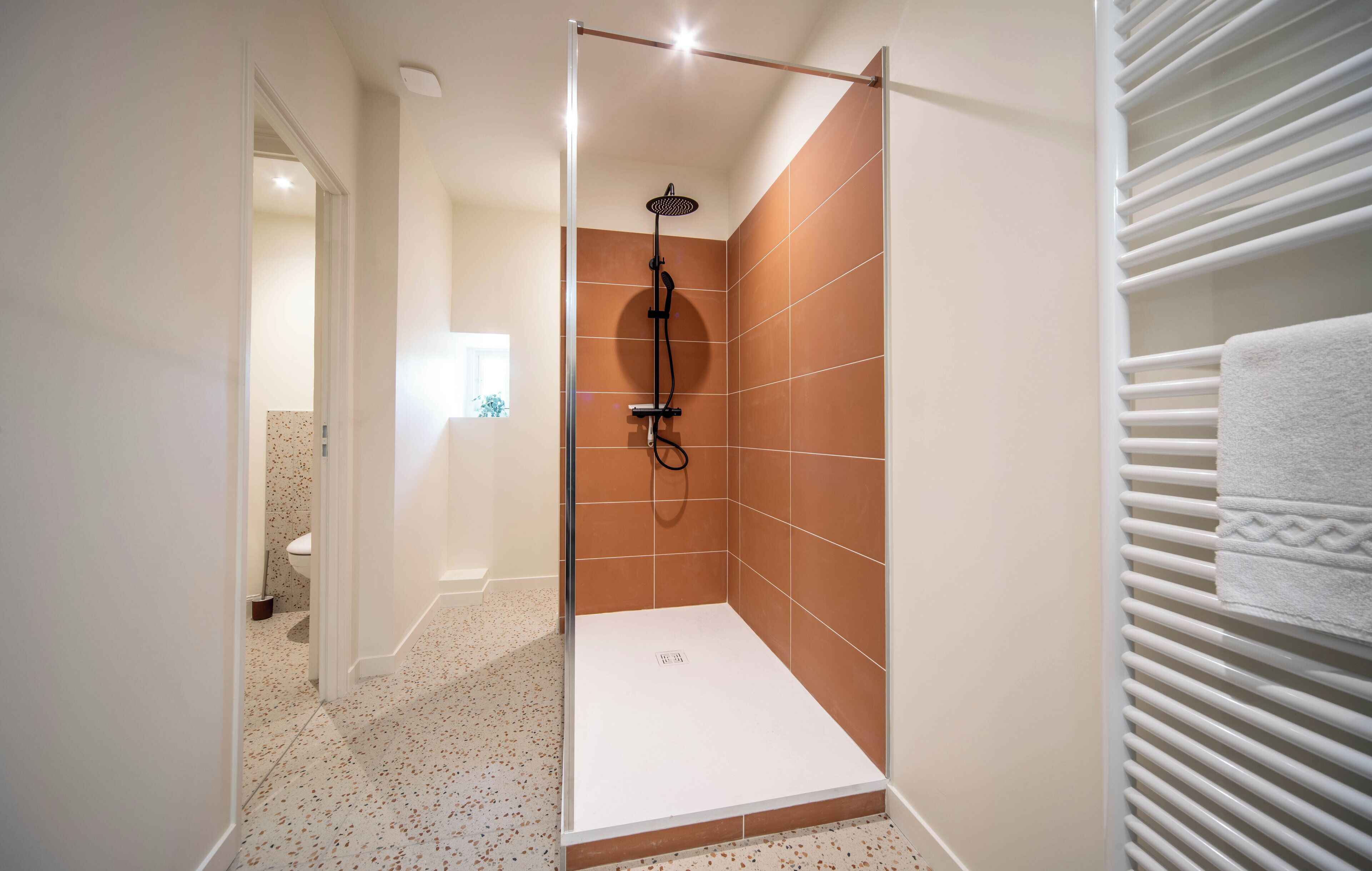 Shower, hair dryer, towels, shampoo