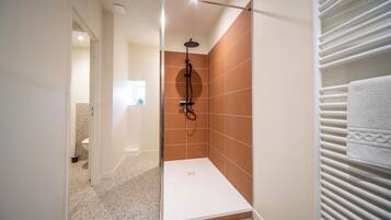 Shower, hair dryer, towels, shampoo