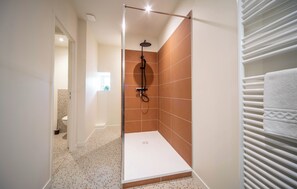 Shower, hair dryer, towels, shampoo