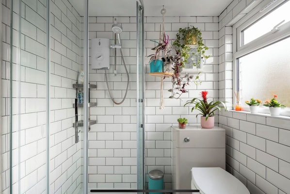 Shower, jetted tub, hair dryer, towels