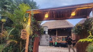 A wooden lodge entrance with a thatched roof, surrounded by lush greenery. - Sunscape lodge  (Fort Portal)