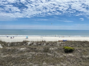 A beach with people, a blue umbrella, and a clear sky. - Sea Cloisters 305d (North Myrtle Beach)