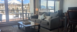 Un salón acogedor con un sofá gris, una mesa de centro de madera y un televisor sobre un mueble de madera. Amplias ventanas ofrecen vistas a un paisaje montañoso nevado.