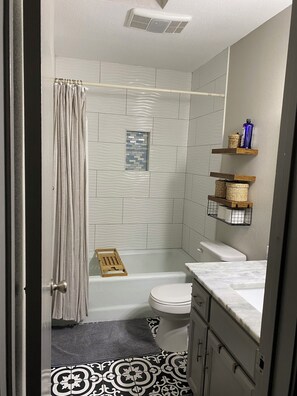 Hair dryer, towels, toilet paper