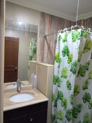Shower, towels, toilet paper