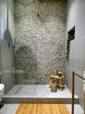 Shower, eco-friendly toiletries, hair dryer, towels