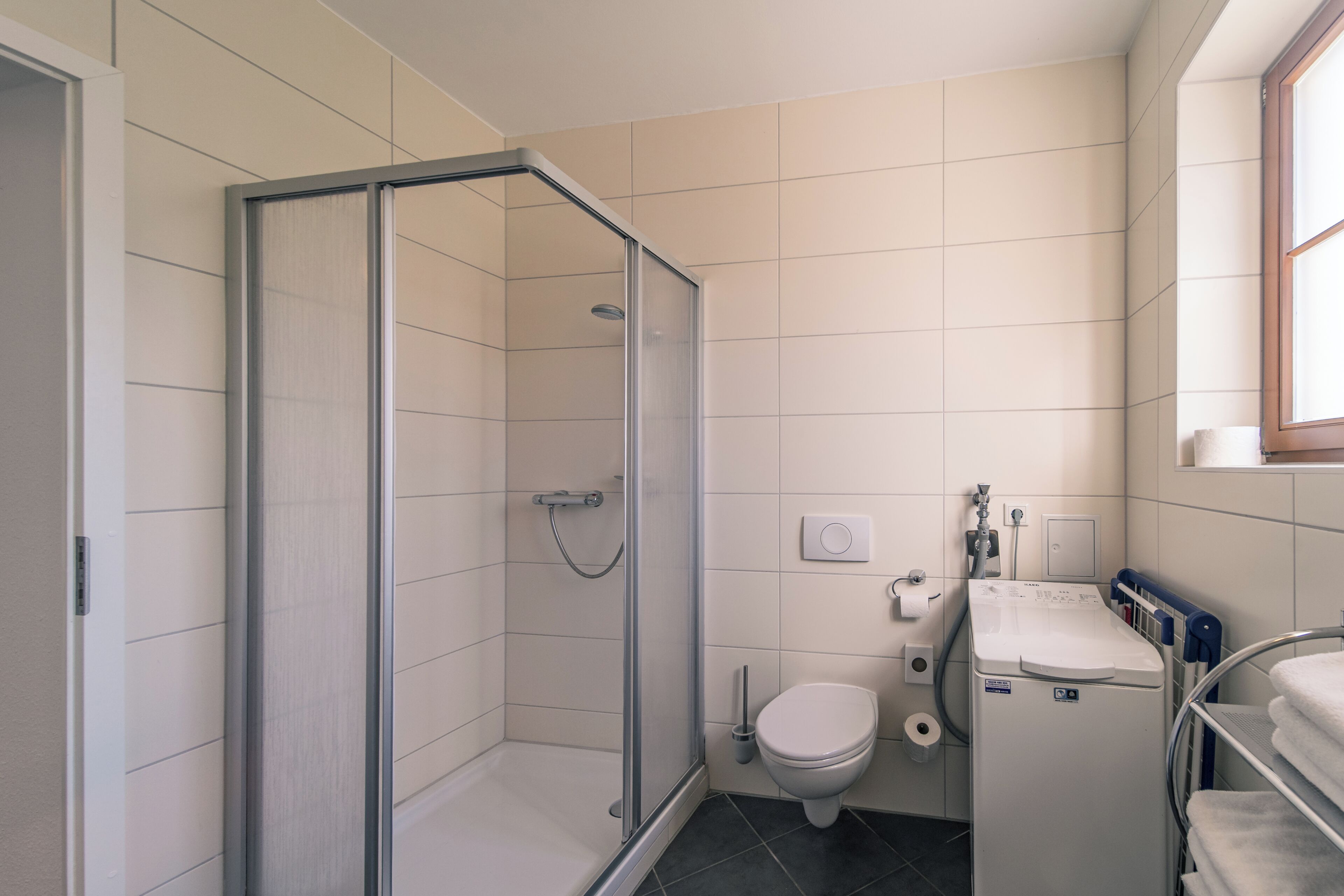 Un baño con ducha de vidrio, inodoro y lavadora.