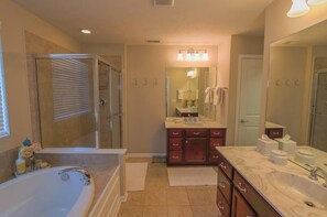 Shower, jetted tub, hair dryer, towels