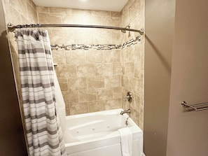 Hair dryer, towels, soap, shampoo
