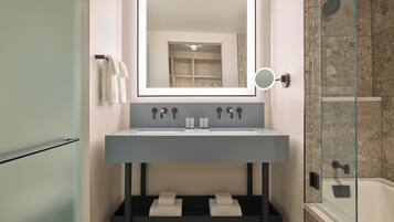 Hair dryer, bathrobes, towels, soap
