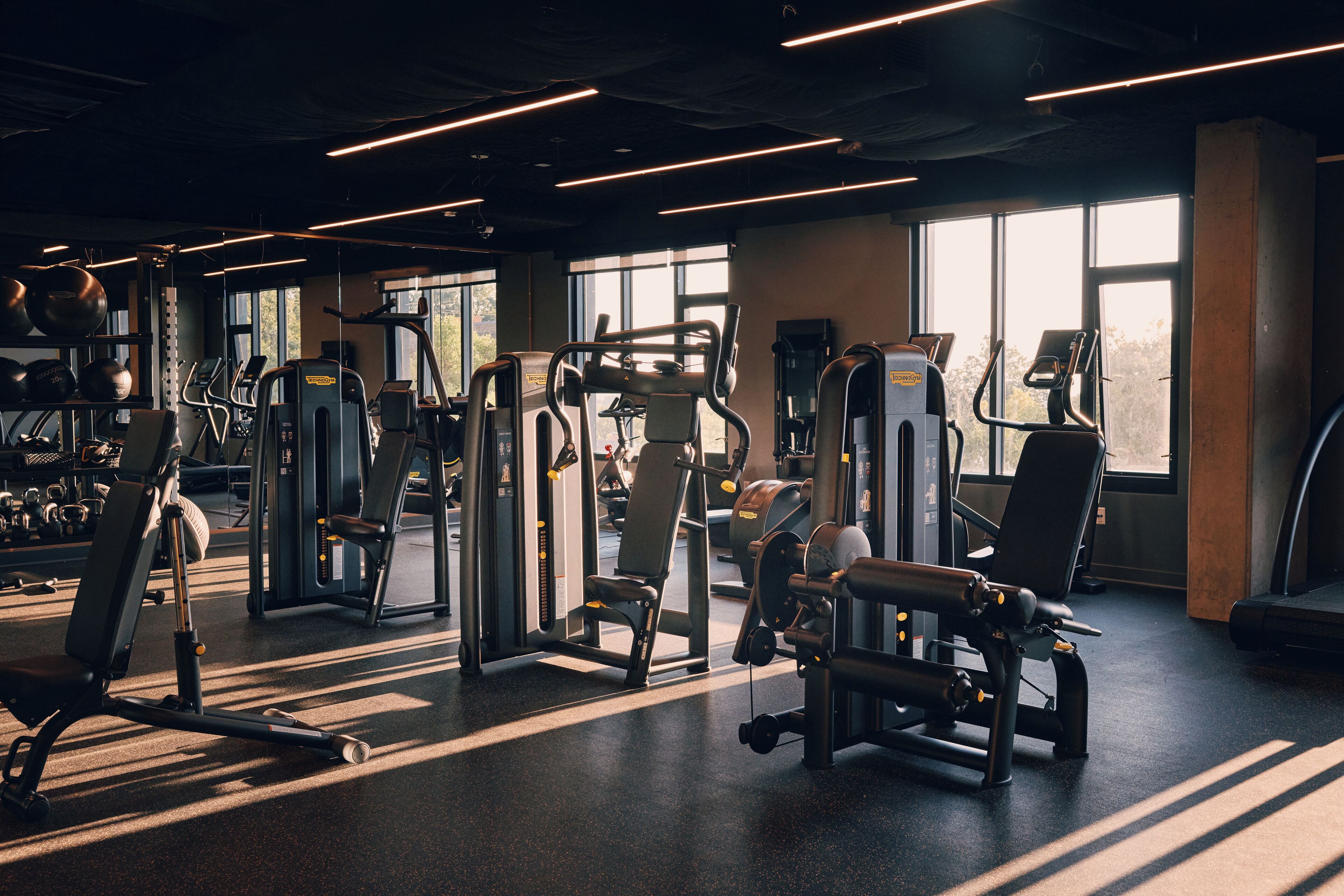 A gym with various exercise machines, large windows, and a high ceiling.