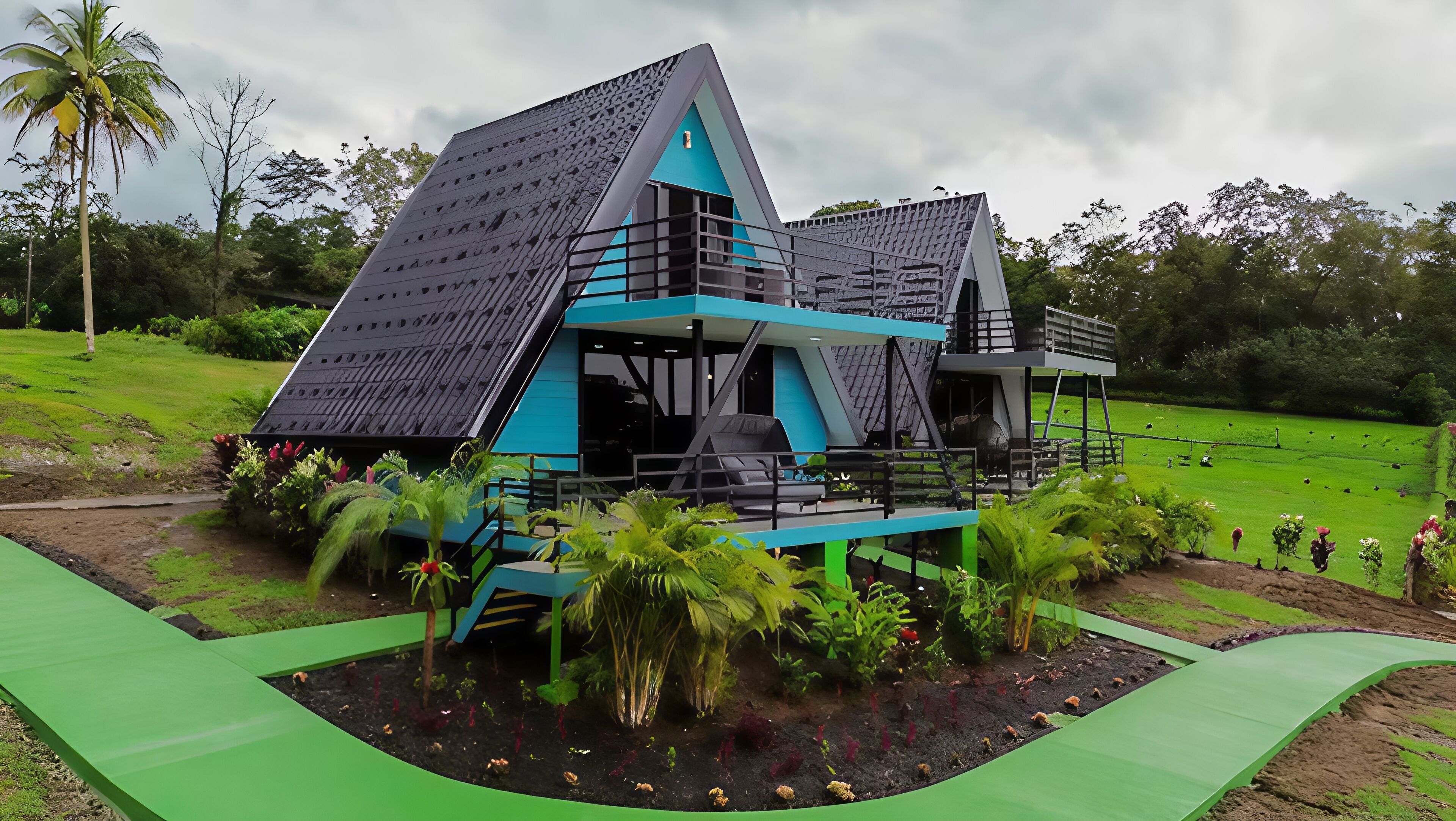 A modern building with a unique triangular roof, surrounded by lush greenery and a well-maintained lawn.