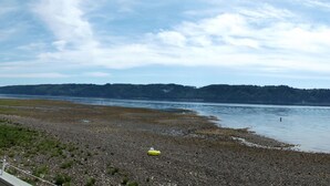 A view of a lake with a rocky shore, a small boat, and a distant forested island. - Water front, private beach, steps from down town Hoodsport with lots of parking. (Hoodsport)