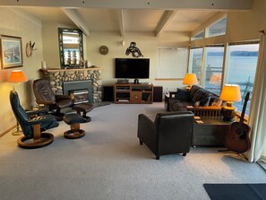 Smart TV, fireplace, books, music library