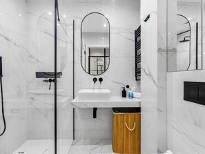 Shower, hair dryer, towels