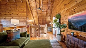 Smart TV, fireplace, books, offices