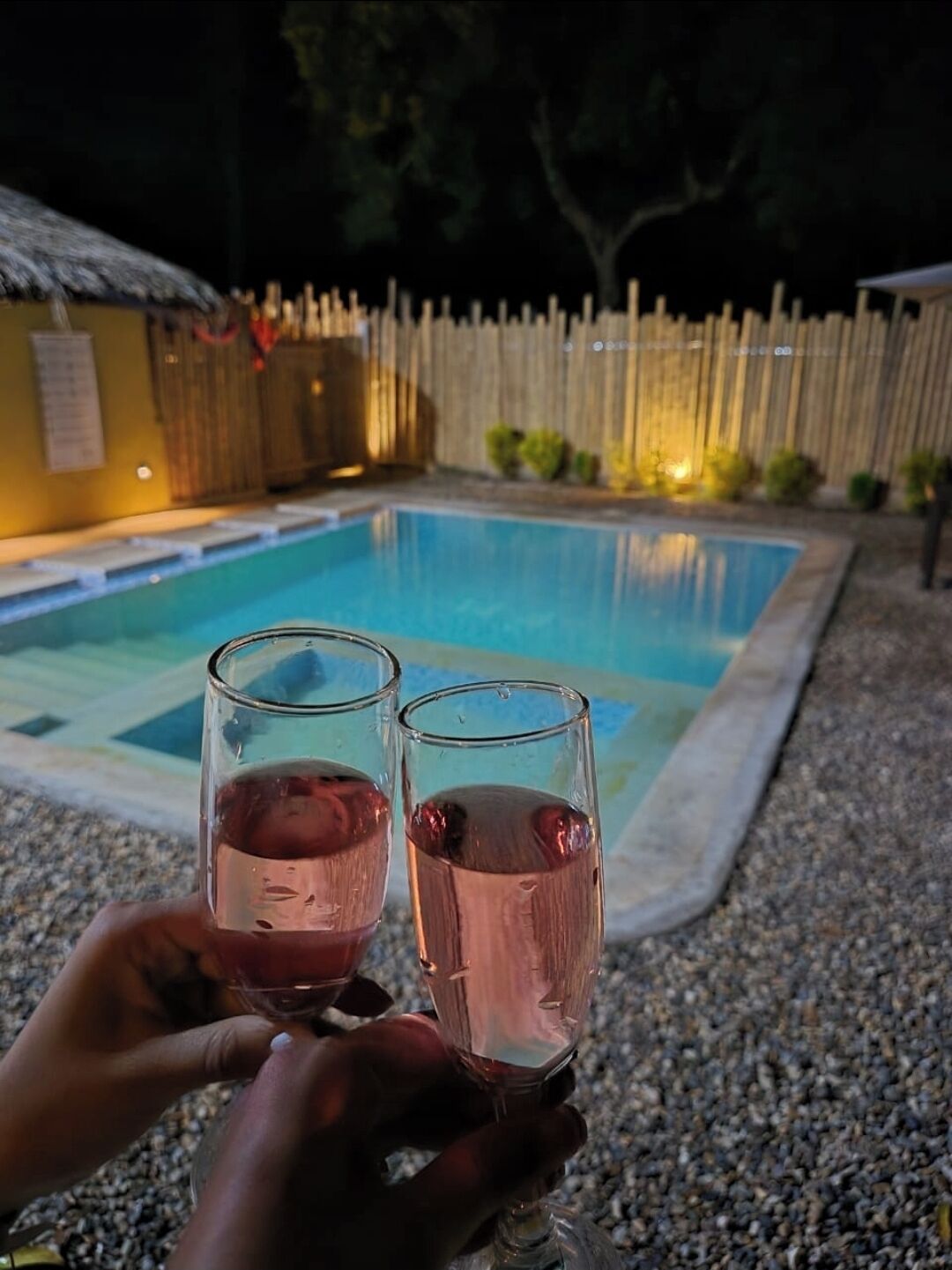 Två glas med en rosa dryck i en persons händer, en swimmingpool och ett trästaket i bakgrunden.