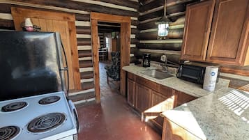 Fridge, microwave, cookware/dishes/utensils