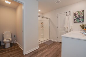 Hair dryer, towels, soap, toilet paper