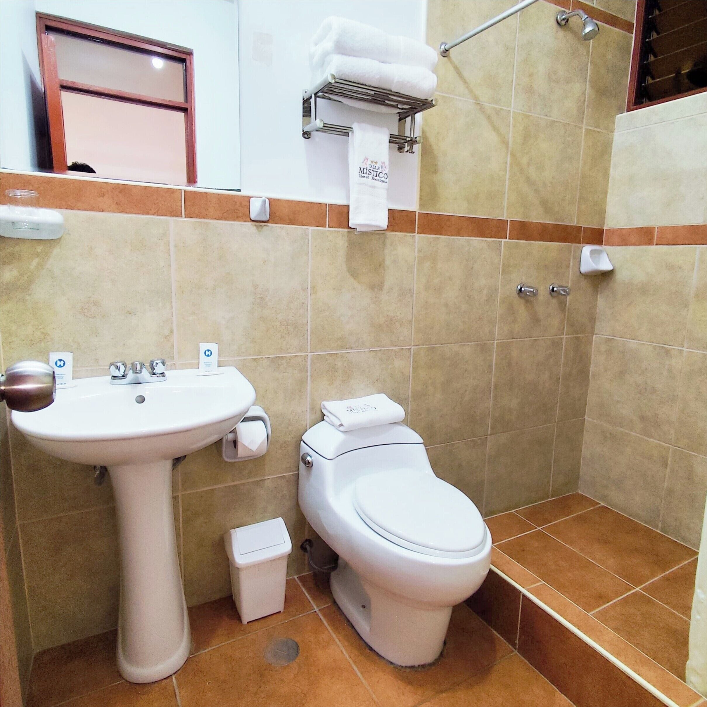 Une salle de bain avec un lavabo, des toilettes et une douche.